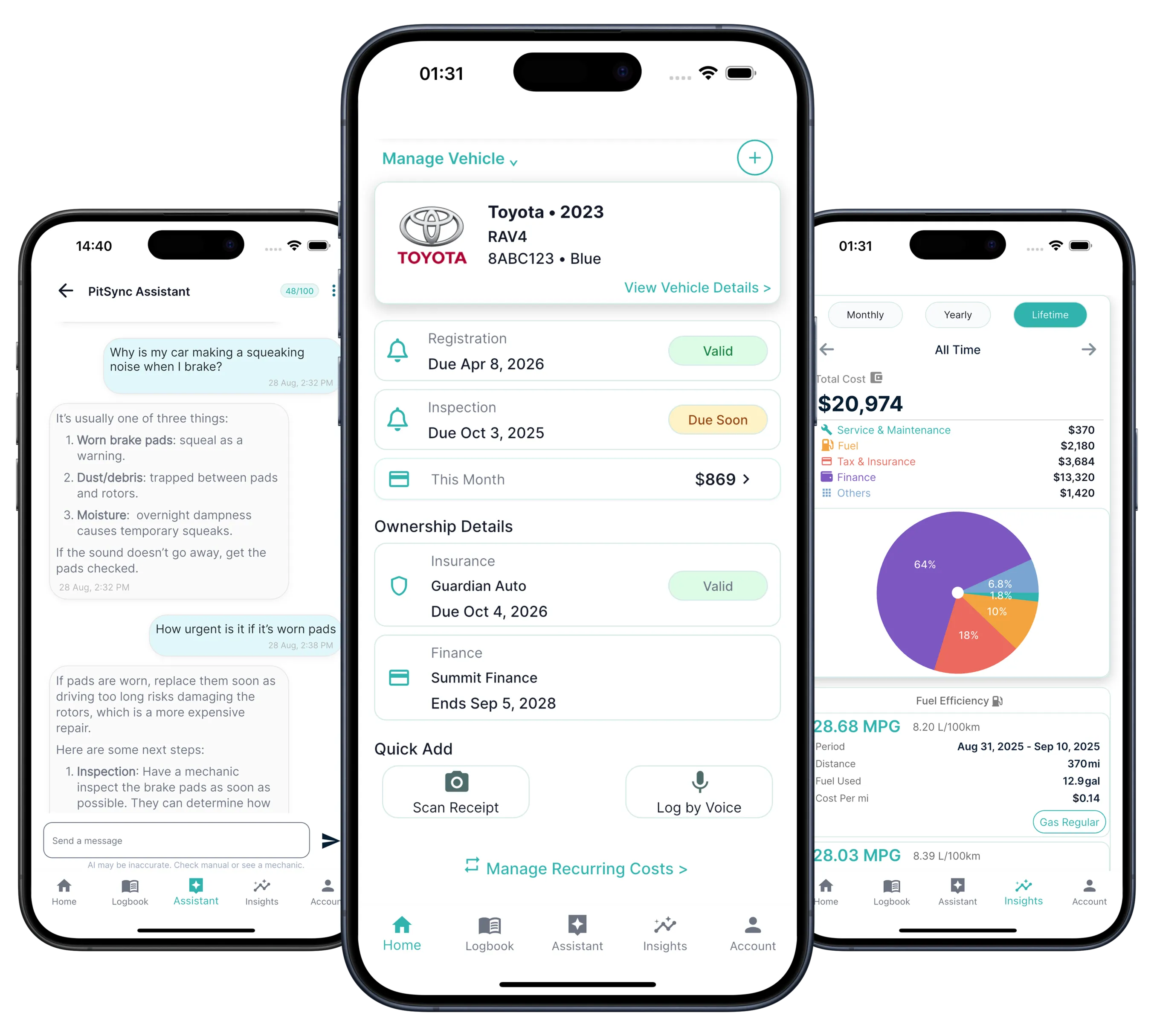 AI vehicle manager that tracks inspections, insurance, fuel, services, and total costs
