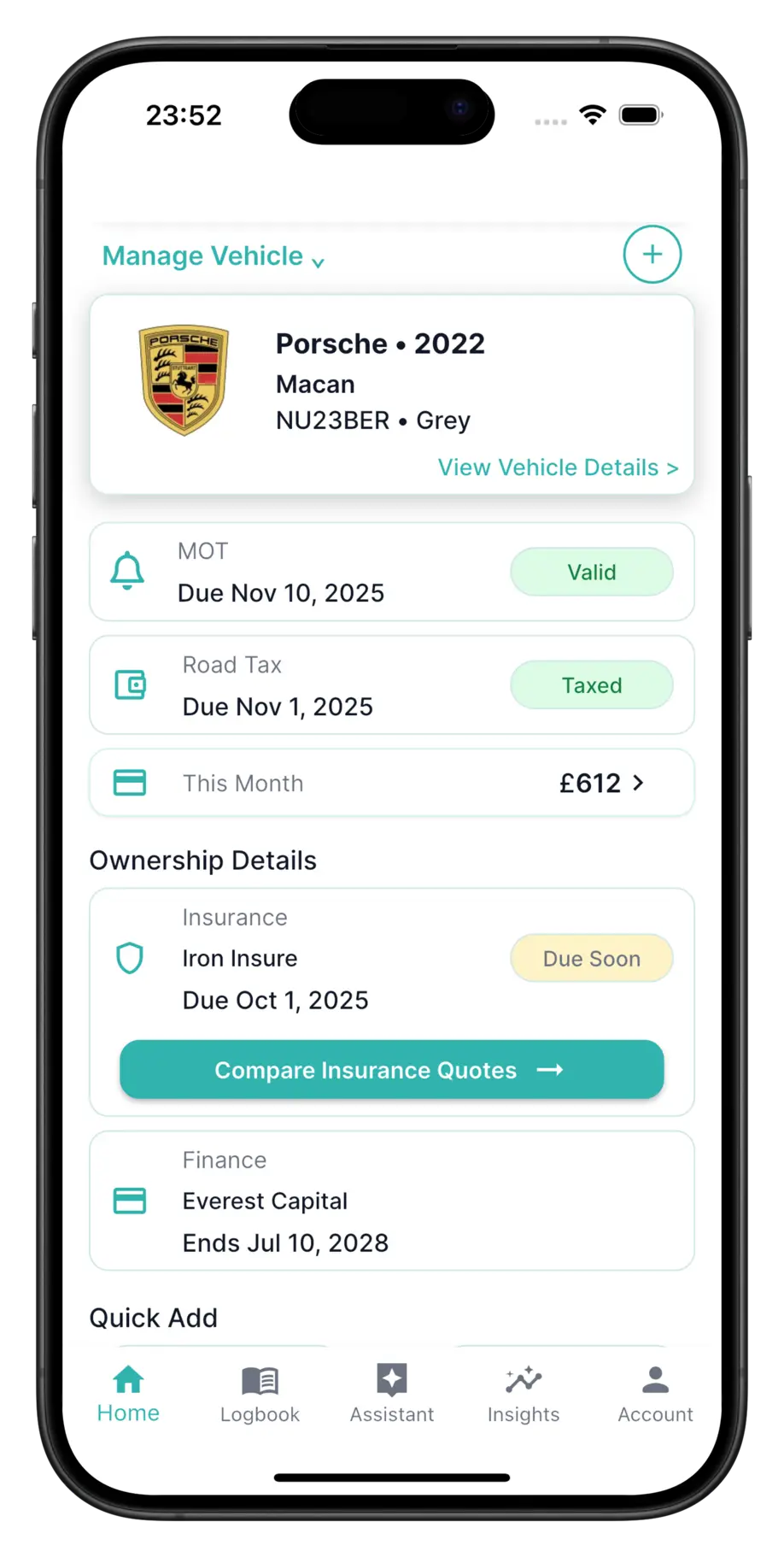 PitSync app — insurance renewal timeline and reminders